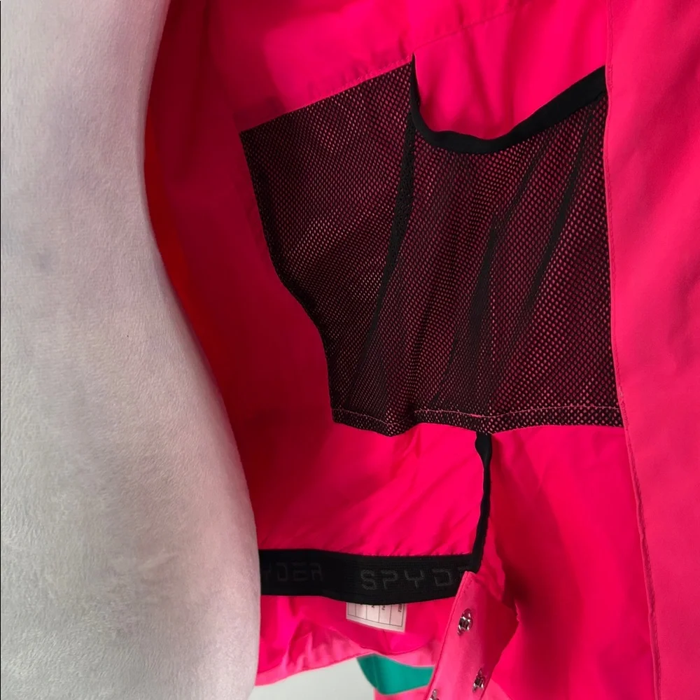 Spyder Girls Insulated Ski Jacket Pink Green Faux Fur Hood Size 16 - Picture 12 of 16